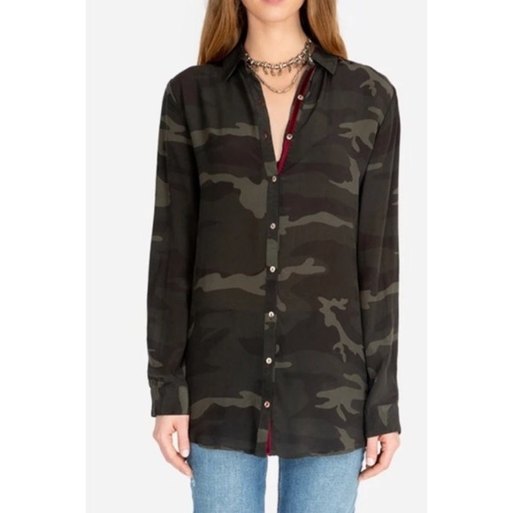 Johnny Was Workshop Camo Silk Button Down Embroidered Velvet Back Top Size XS